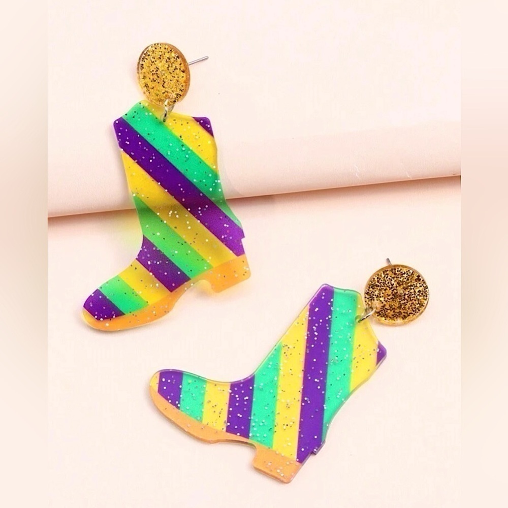 Glitter Mardi Gras Boots Earrings